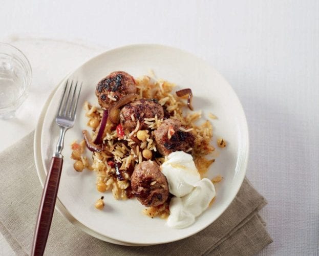 Lamb and bulgur wheat meatballs with carrot houmous and feta
