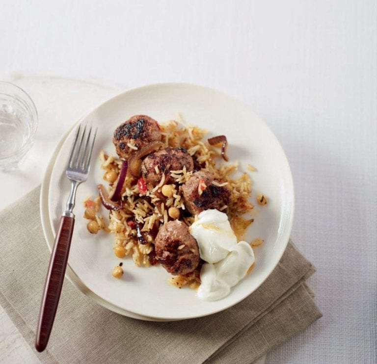 Crusty Persian rice with lamb meatballs recipe