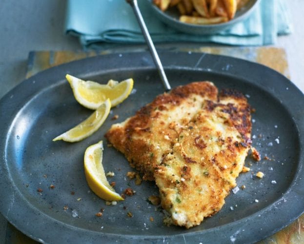 Pan-fried lemon sole with caper sauce and lentils