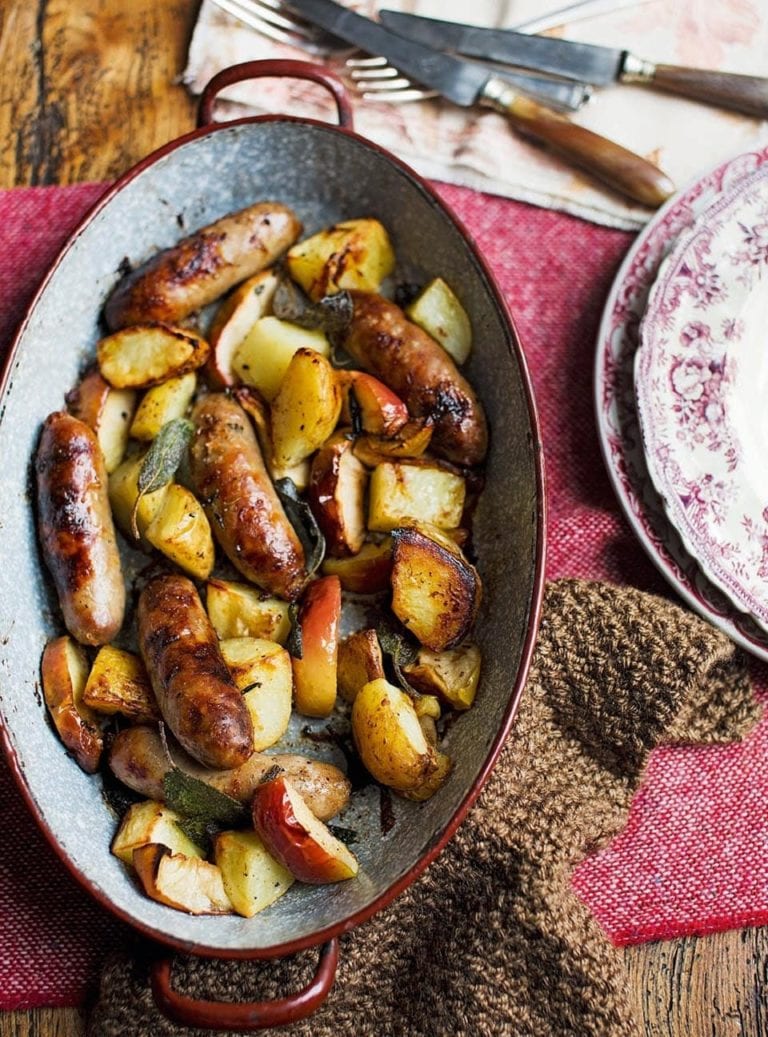 Sausage, apple and potato one-pan roast