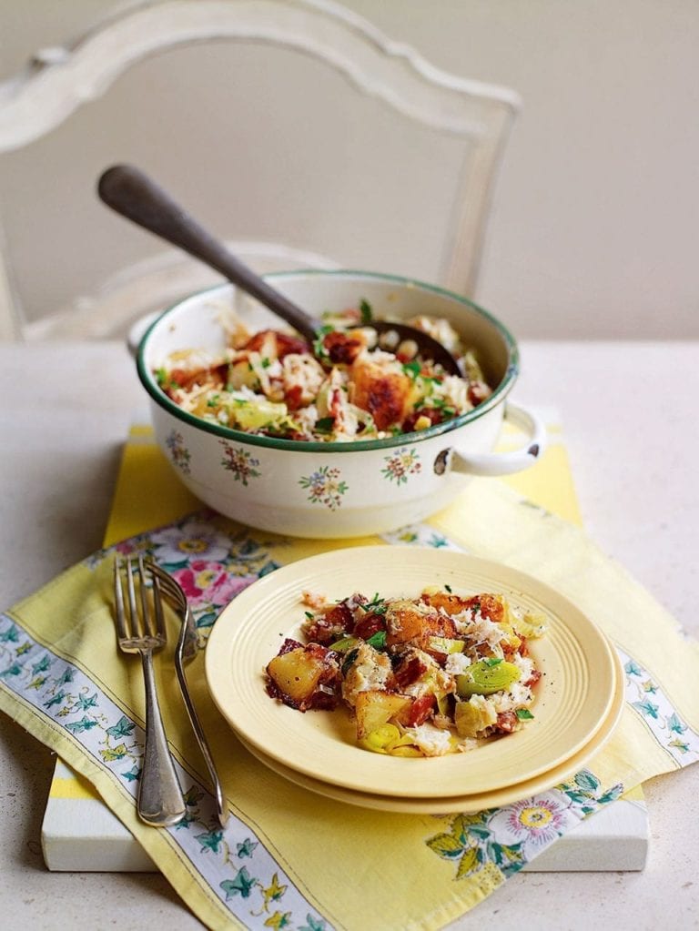 Crab and leek hash