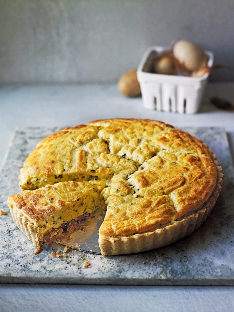 caramelised onion and walnut soufflé tart