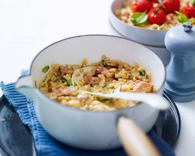Cheat’s creamy bacon, basil and roasted tomato risotto