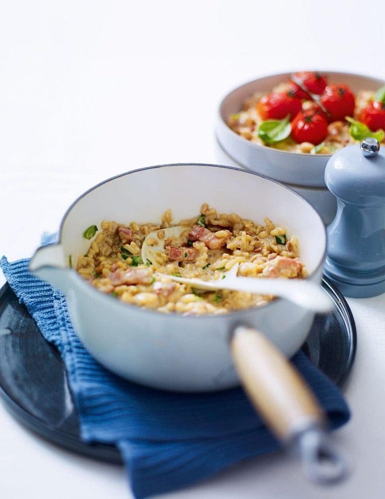 Cheat’s creamy bacon, basil and roasted tomato risotto