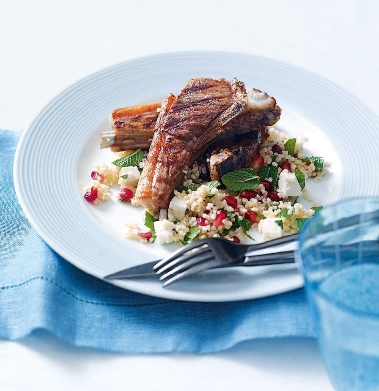 Quick spicy lamb chops with pomegranate, feta and mint tabouleh