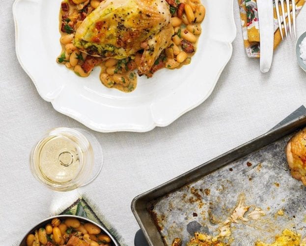 Stuffed tarragon chicken with cannellini bean stew