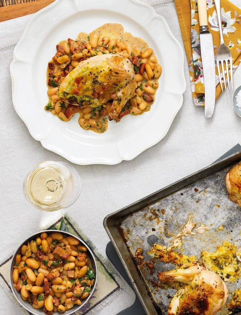 Stuffed tarragon chicken with cannellini bean stew