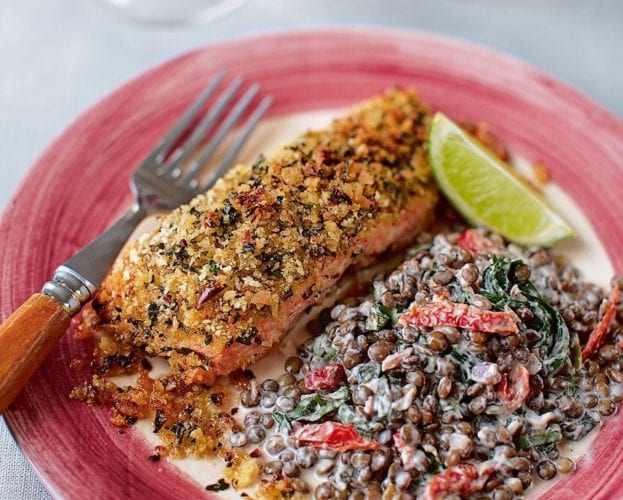Lime crusted salmon with creamy, herby lentils