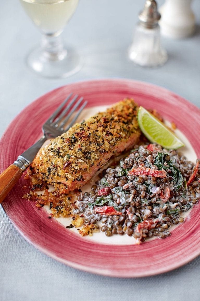 Lime crusted salmon with creamy, herby lentils