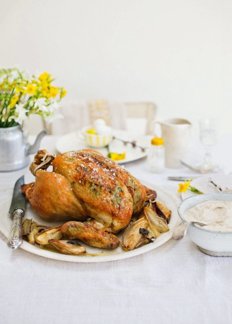 Roast chicken with sourdough bread sauce and gravy