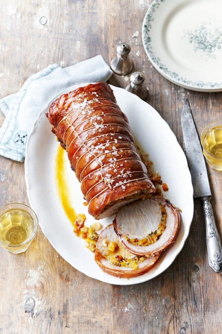 Crackling pork loin with apricot, sherry and hazelnut stuffing