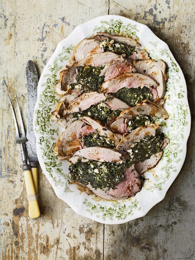 Roast leg of lamb with wild garlic, feta and mint stuffing