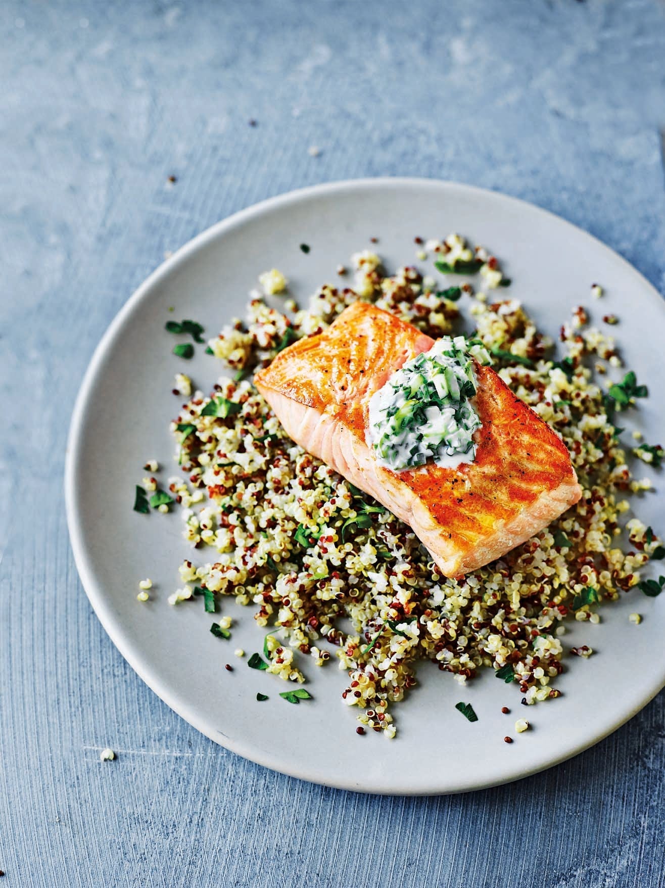 Salmon and quinoa tzatziki salad recipe delicious. magazine