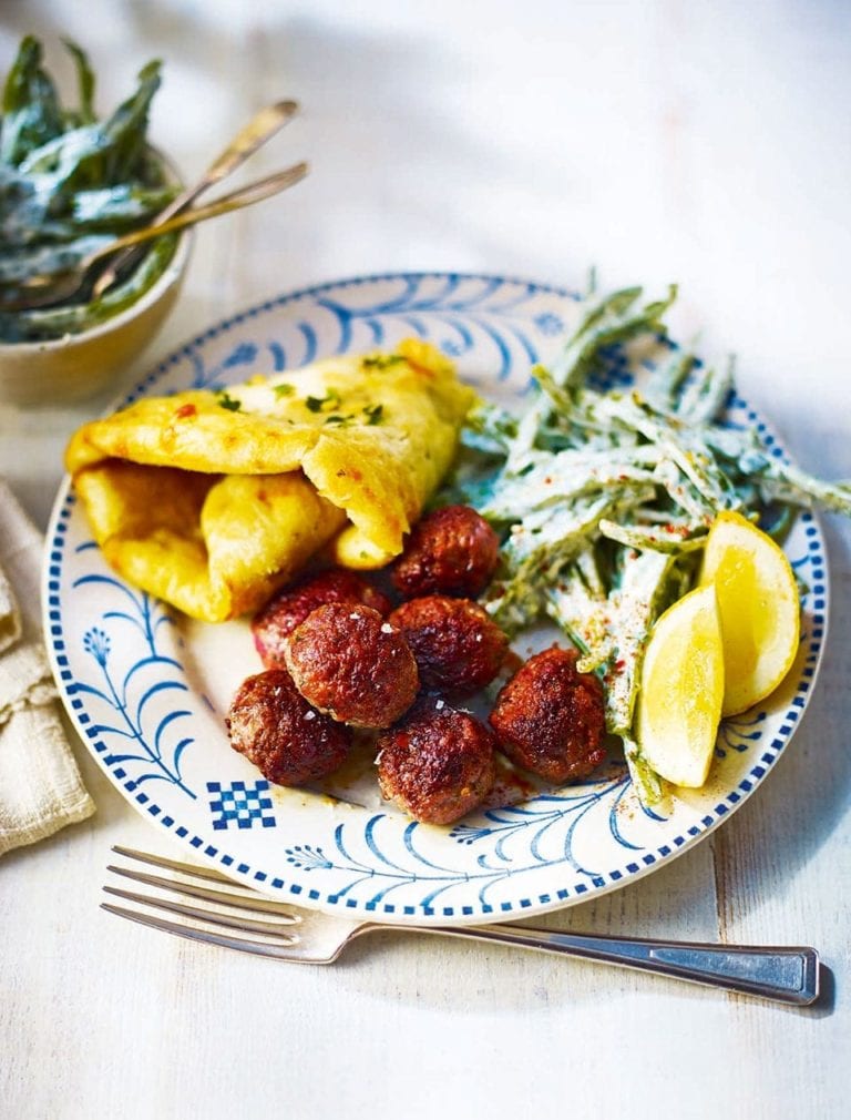 Venison meatballs, bean slaw and flatbreads