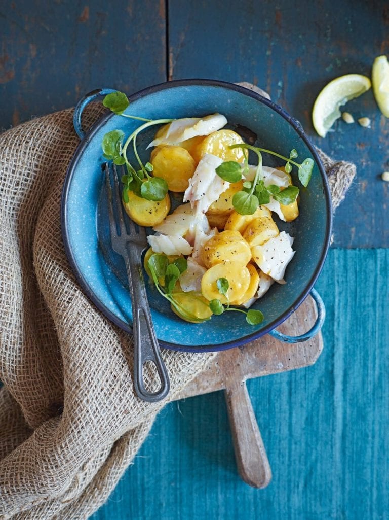 Curried jersey royal salad with smoked haddock