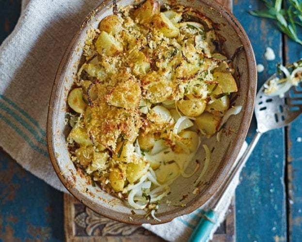 Jersey royal, onion, sherry and tarragon bake