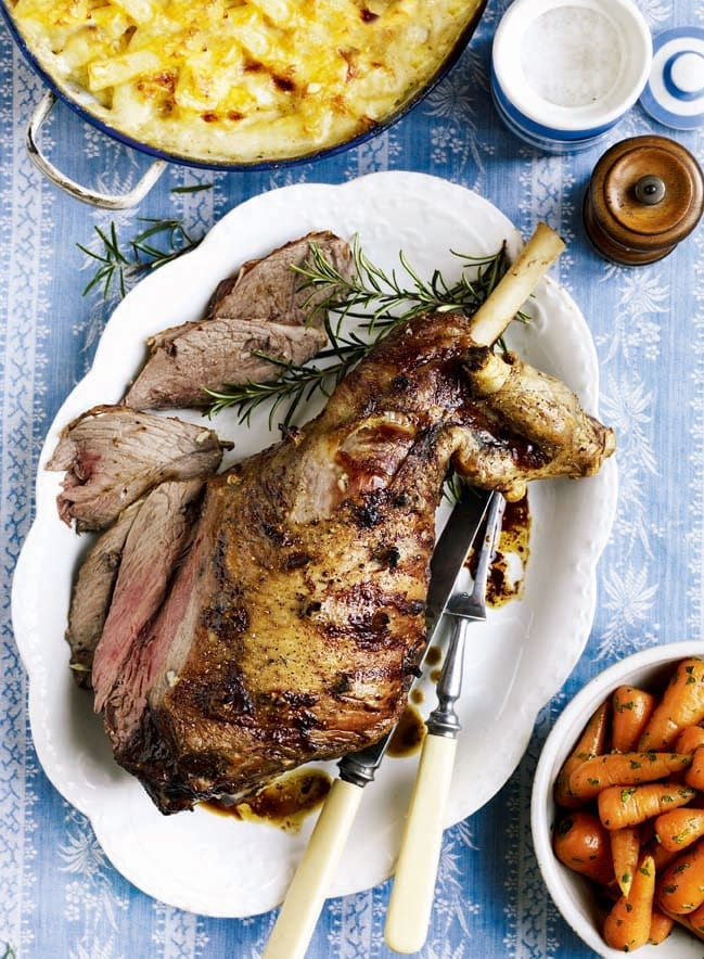 Swedish roast leg of lamb with anchovies and potato gratin