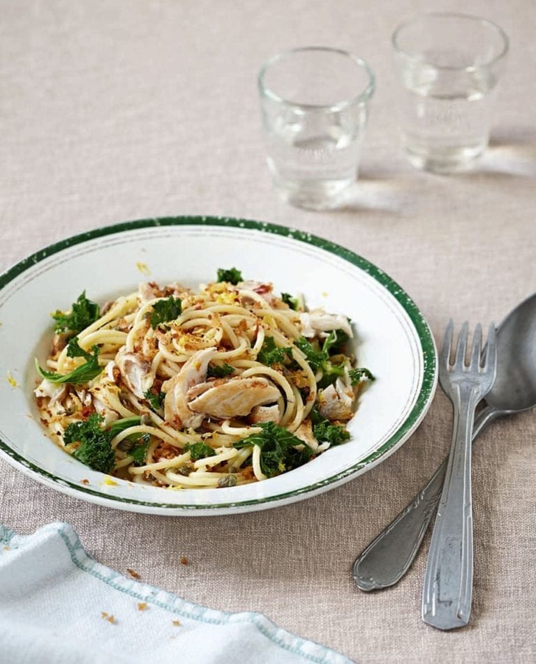 Mackerel, kale, lemon and caper spaghetti