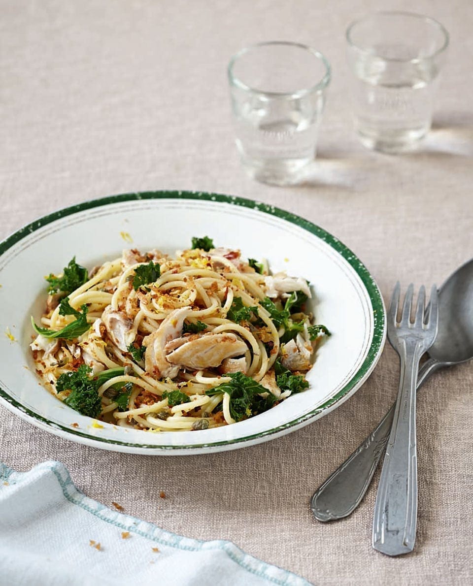 image of Mackerel, Kale, Lemon and Caper Spaghetti recipe by Delicious Magazine