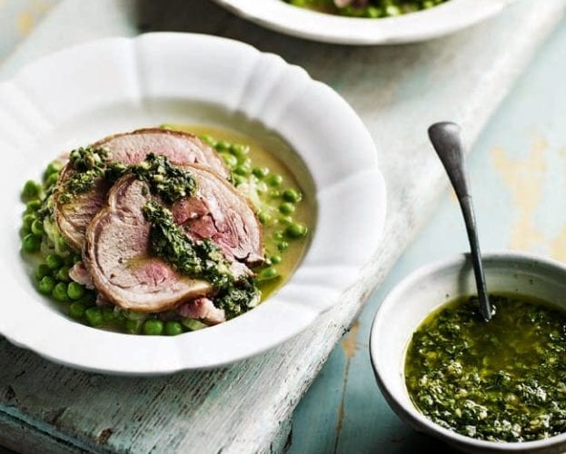 Roast loin of lamb with braised peas and salsa verde