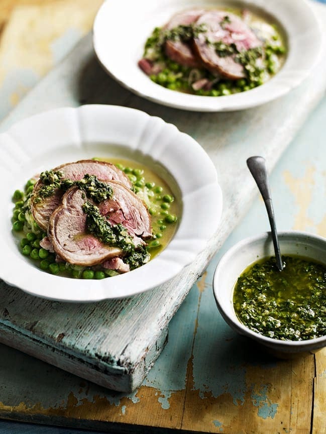 Roast loin of lamb with braised peas and salsa verde