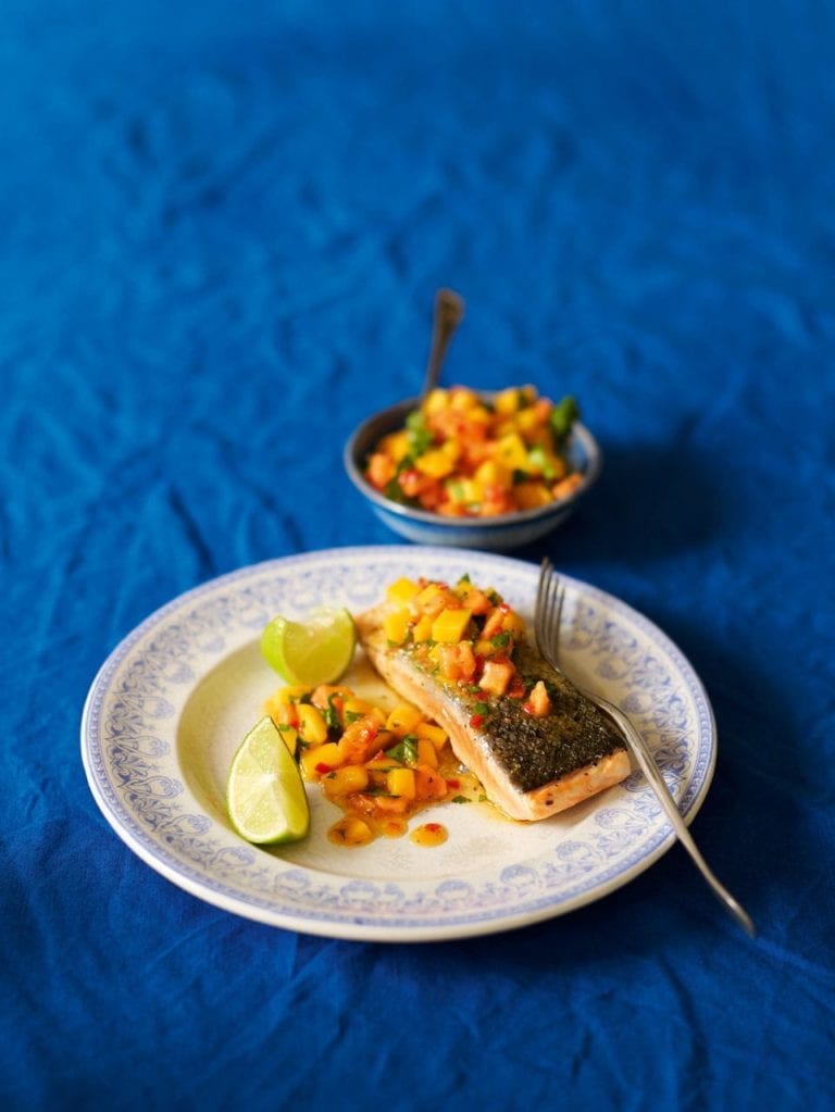 Griddled salmon with papaya and mango salsa