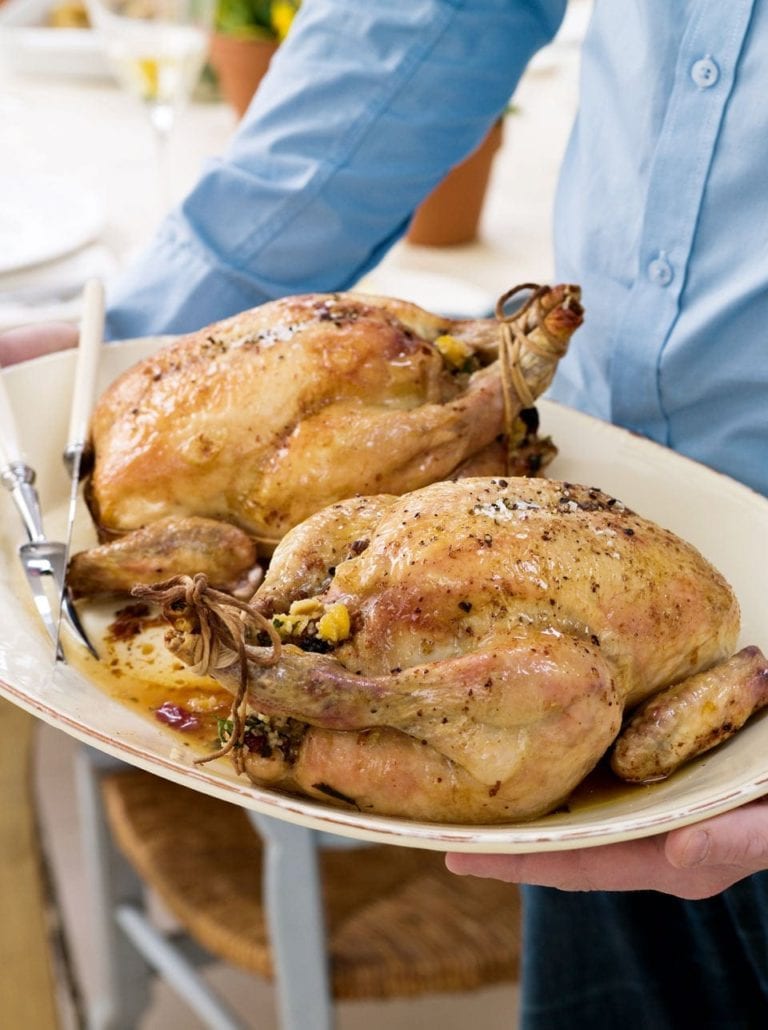 Roast chickens with a fragrant couscous stuffing