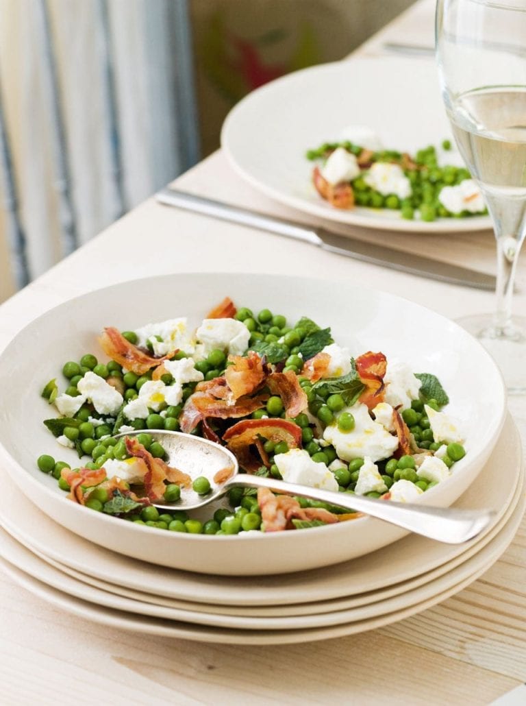 Pea, pancetta, feta and mint salad