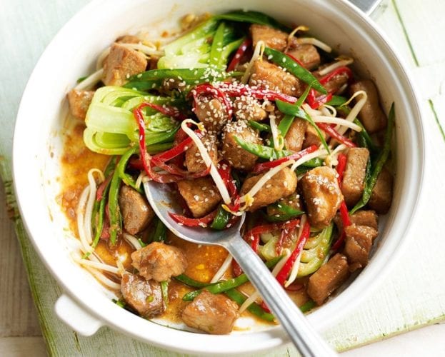 Sticky chilli and black bean pork with egg-fried rice