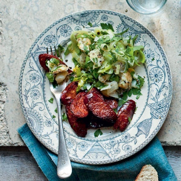 Madeira-glazed chorizo with leeks and new potatoes