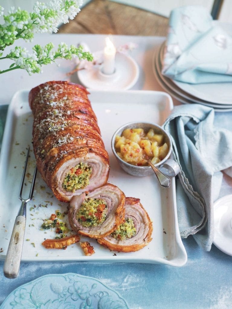 Herb and quinoa roast pork with fennel crackling