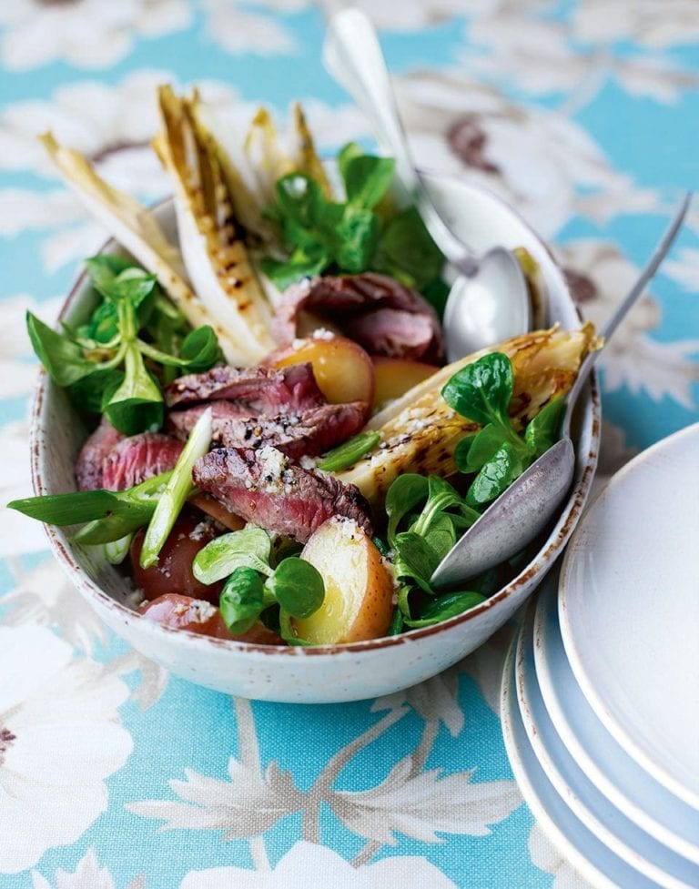 Warm potato, chicory and steak salad