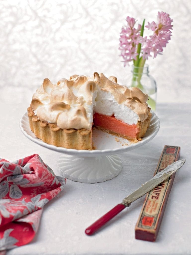 Rhubarb and coconut meringue tart