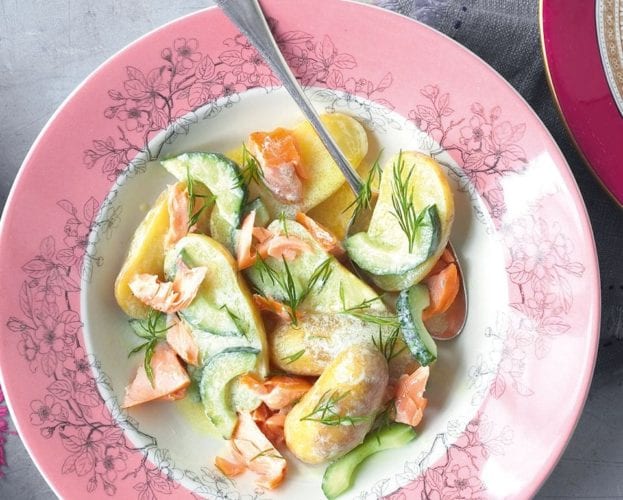 Jersey royal salad with hot-smoked salmon