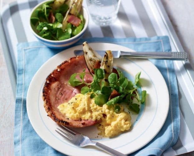 Glazed gammon steaks with scrambled eggs and chicory salad