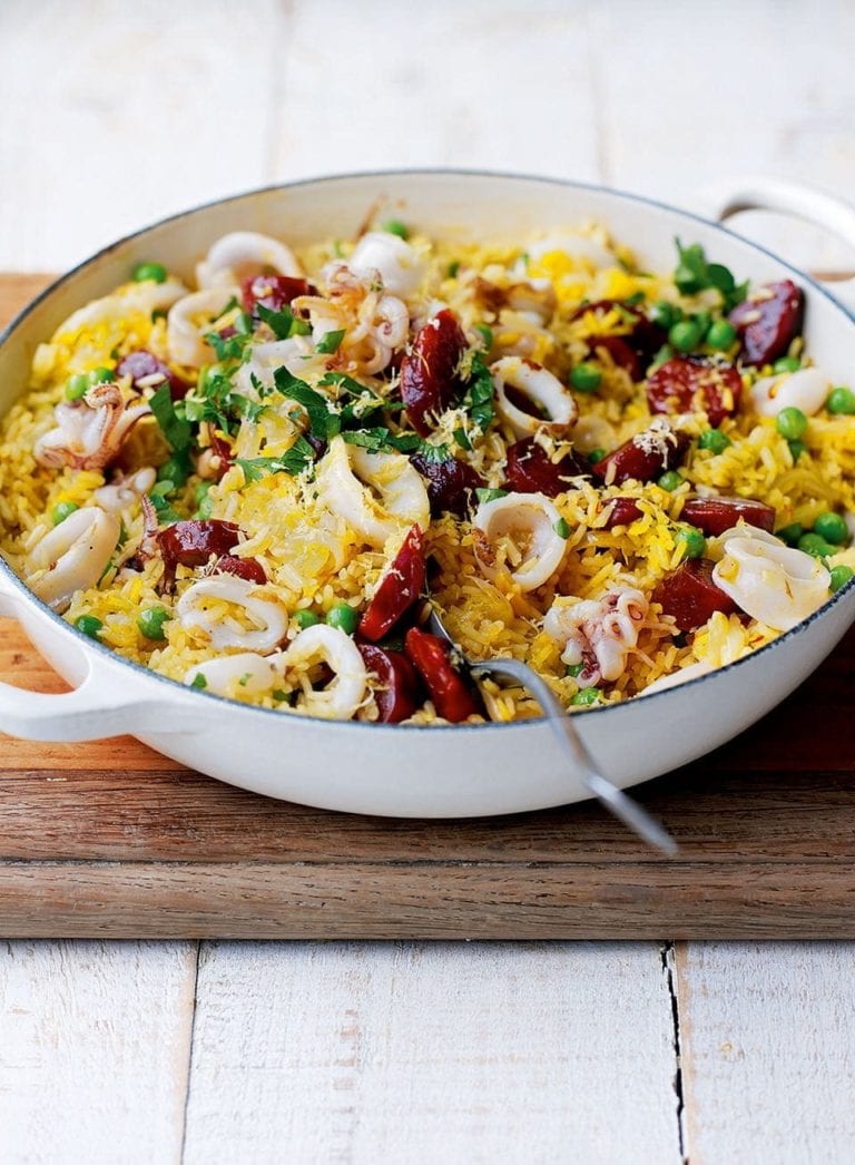 Cheat’s squid and chorizo paella