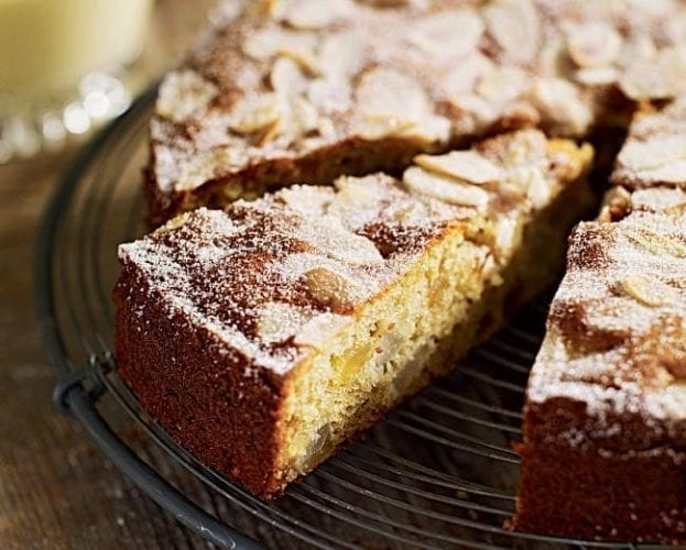 Pear and stem ginger cake on a plate
