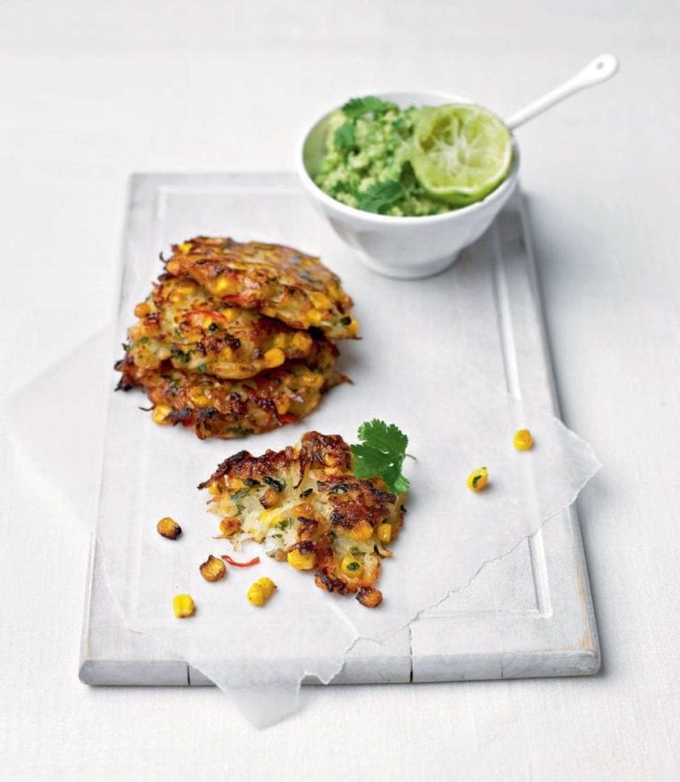 Spiced sweetcorn and potato fritters with guacamole