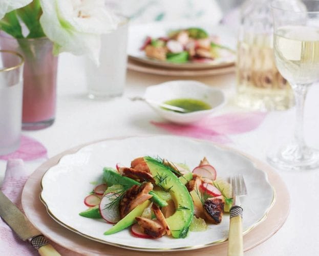 Sticky salmon with radish and avocado