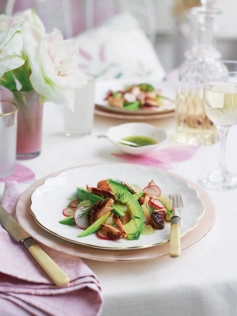 Sticky salmon with radish and avocado