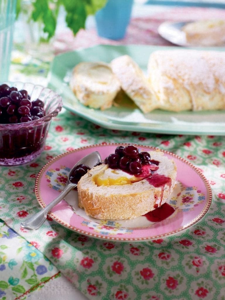 Lemon and lavender meringue roulade with blueberries