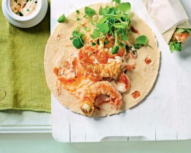 Tempura prawn wraps with minted mango yogurt