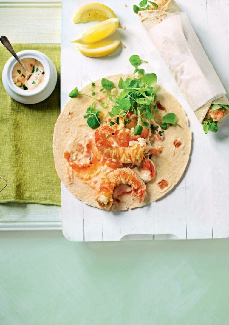 Tempura prawn wraps with minted mango yogurt