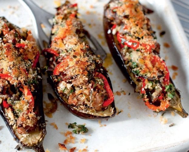 Sausage and herb stuffed aubergines