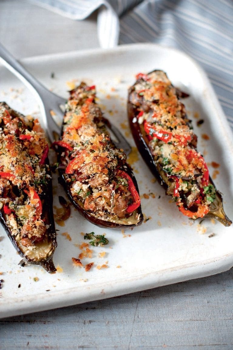 Sausage and herb stuffed aubergines
