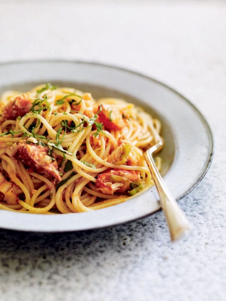 Lobster spaghetti with tomato ginger and basil