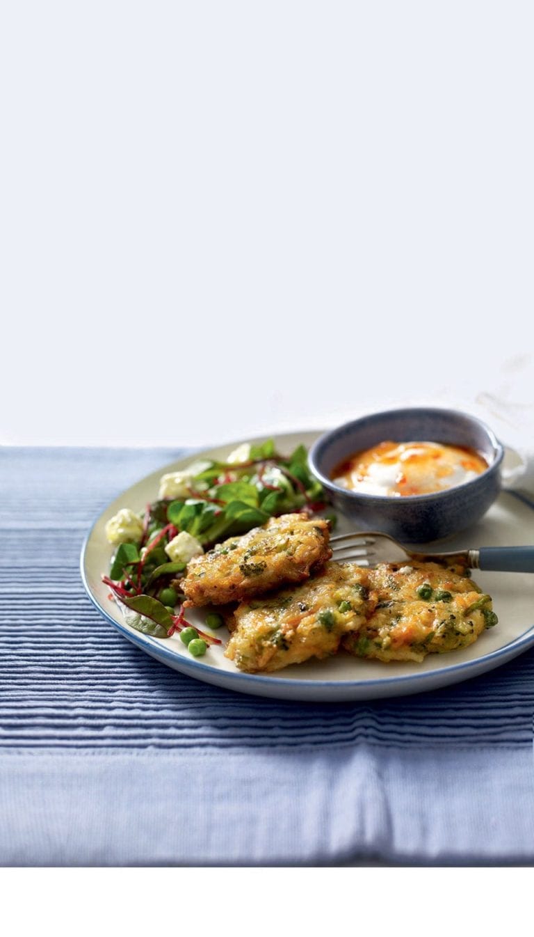 Courgette, pea and feta fritters with beetroot salad