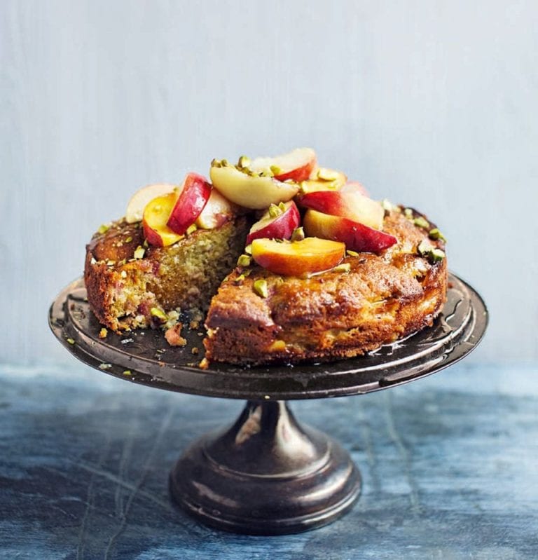 Warm peach, pistachio and honey cake