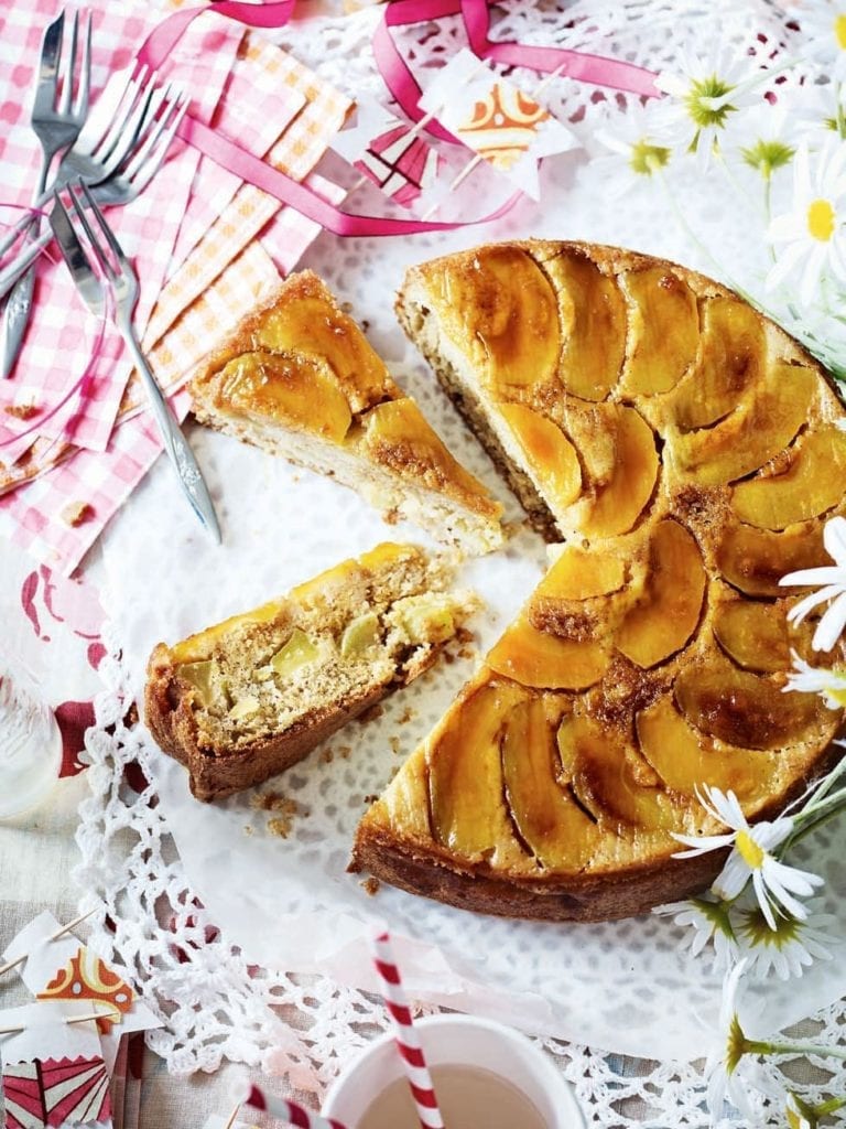 Upside-down apple cake with calvados glaze