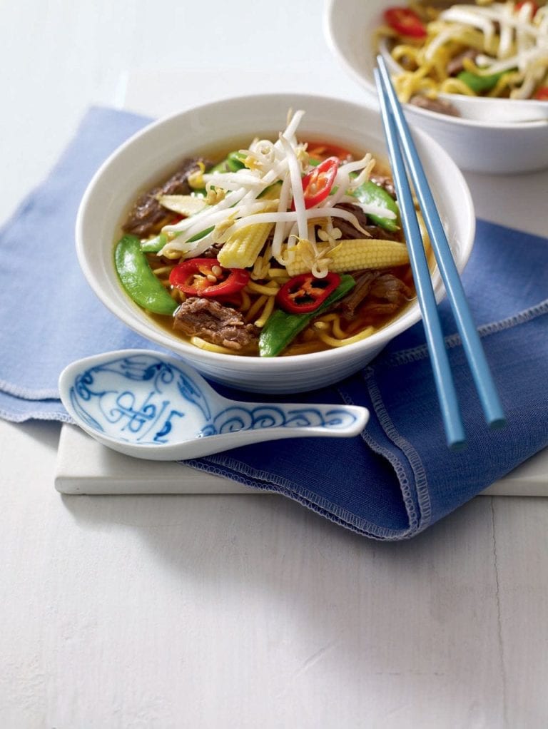 Quick spicy beef pho with egg noodles